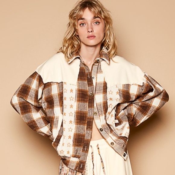 POL Shacket Star Plaid Bohemian Patchwork Exposed Raw Fray Seam Oversized Jacket - Picture 11 of 12